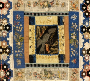 Center portion of mosaic quilt, attributed to Elizabeth Hobbs Keckley, 1862-1880, dress and ribbon silk, KSUM 1994.79.1, Gift of Ross Trump in memory of his mother, Helen Watts Trump.